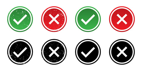 Check mark and cross mark icon button set. Grunge Rounded Circle Red and green checklist or voting sign. Tick and X icon , Simple ok yes no graphic design, right checkmark symbol accepted and rejected