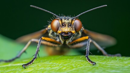 Fototapeta premium Macro Closeup of Vibrant Fly on Leaf Revealing Intricate Details of Nature's Design : Generative AI