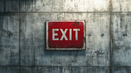 Exit concept image with Exit red sign with written exit word on a grey concrete wall