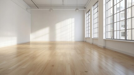 Bright Expansive Empty Room with Industrial Style Large Windows and Oak Flooring : Generative AI