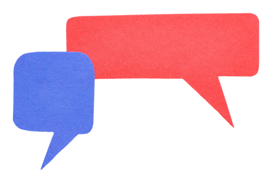 Blue red blank cut out cardboard paper speech bubbles with rough edges and copy space for text on transparent png background design element