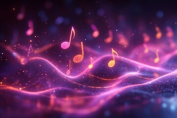 Glowing musical notes flow over abstract wave.