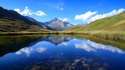 Obraz premium Serene mountain lake with crystal clear reflection of snowcapped peaks under a bright blue sky : Generative AI