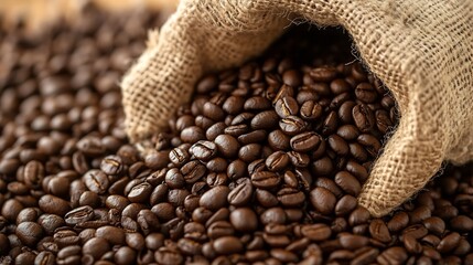 Fototapeta premium Handful Of Roasted Coffee Beans With Burlap Sack Aromatic Scene : Generative AI