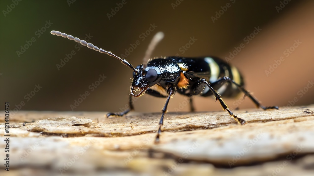 Poster macro shot of a black and yellow beetle in natural setting on a wooden surface : generative ai