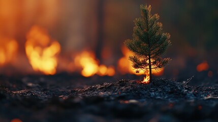 small pine tree surviving in a charred forest with wildfire flames in the background