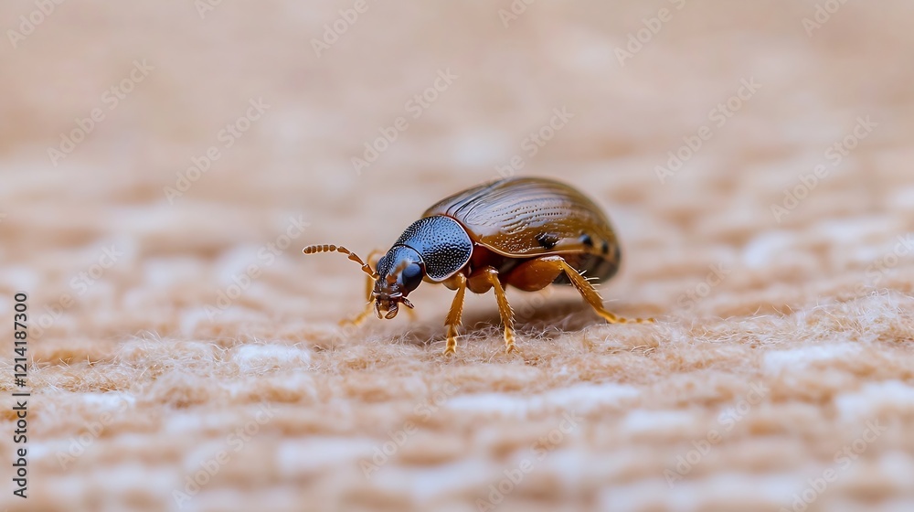 Poster Macro Shot of Tiny Brown Beetle Walking on Textured Surface in Its Natural Environment : Generative AI