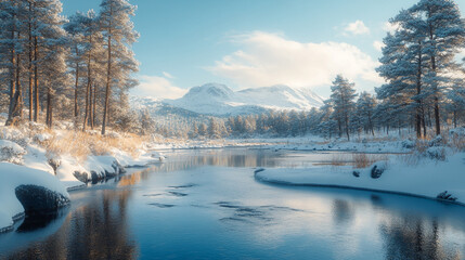 Obraz premium Snow-covered river meandering through a tranquil forest landscape under a clear blue sky