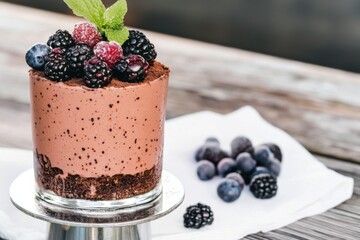 Tall dark chocolate cake with glossy berry glaze and fresh garnishes