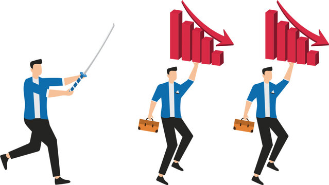 Raging boss, angry boss, declining economy or profits, underperforming employees, angry and bossy boss with a sword chasing after employees with declining marketing performance