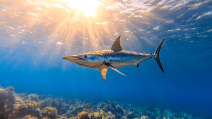 Naklejka premium Sailfish swimming ocean coral reef sunset