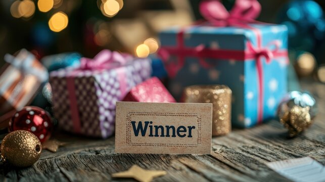 A raffle ticket with "Winner" stamped on it, placed next to a stack of prizes.