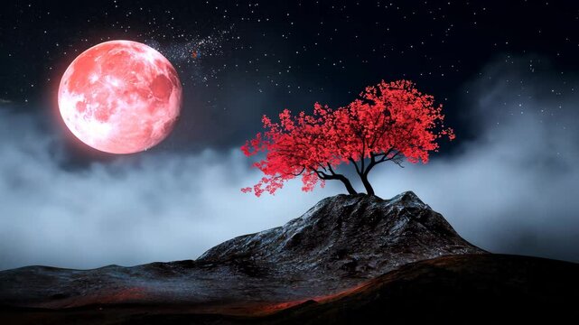 Lonely tree on rocky hill blood moon with starry sky background