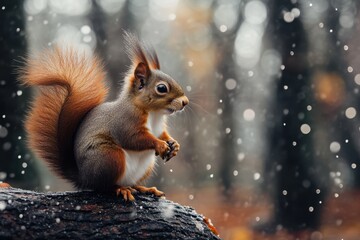 Squirrel foraging in a snowy forest during autumn season