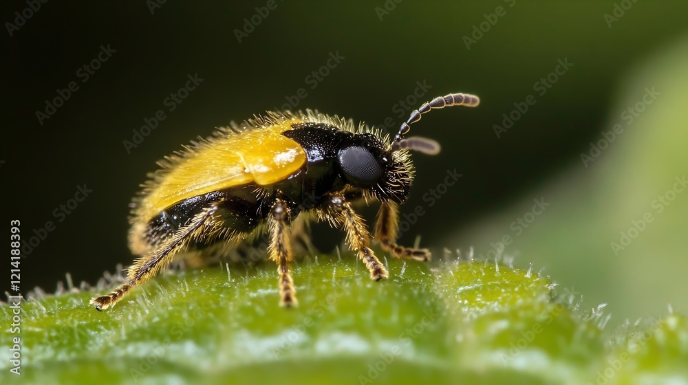 Aufkleber macro view of a yellow and black beetle on a leafy green surface : generative ai