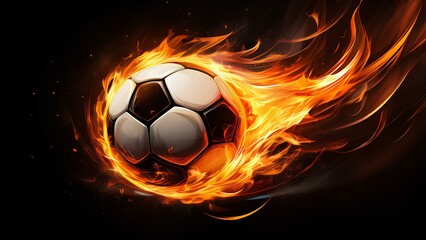 Fototapeta premium A flaming soccer ball explodes with energy as it soars through the air, surrounded by bright flames on a black background. This dynamic image embodies the spirit of sport and the passion of the game.