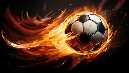 Fototapeta premium A flaming soccer ball explodes with energy as it soars through the air, surrounded by bright flames on a black background. This dynamic image embodies the spirit of sport and the passion of the game.