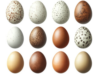 Isolated collection of various bird eggs
