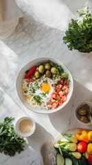 Traditional Egyptian breakfast of ful with olives and fresh vegetables