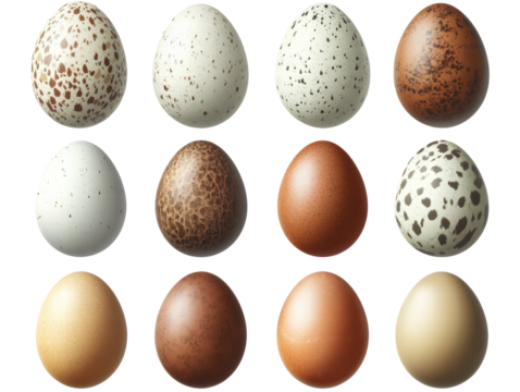 Isolated collection of various bird eggs