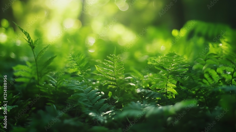 Poster lush green fern leaves in sunlit forest creating a refreshing natural scene : generative ai