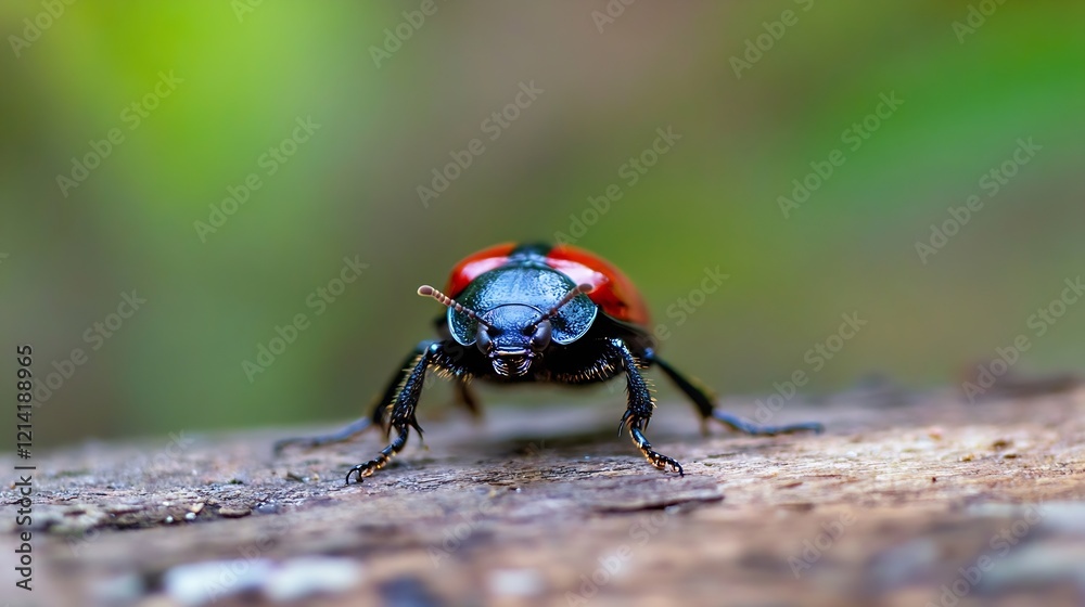 Poster macro shot of a vibrant red beetle on a wooden surface : generative ai