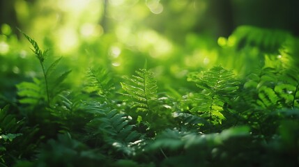 Lush Green Fern Leaves in Sunlit Forest Creating a Refreshing Natural Scene : Generative AI