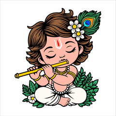 Baby Krishna sits in lotus position and plays the flute, Cute kid Lord Krishna vector illustration. God in Hinduism