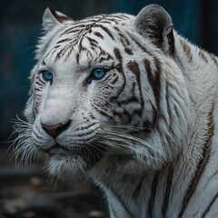 A white tiger, its striking blue eyes and distinctive black stripes standing out against its white fur