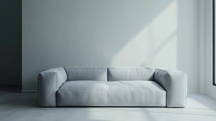 Grey sofa against tv unit. Minimalist interior design of modern living room, home.