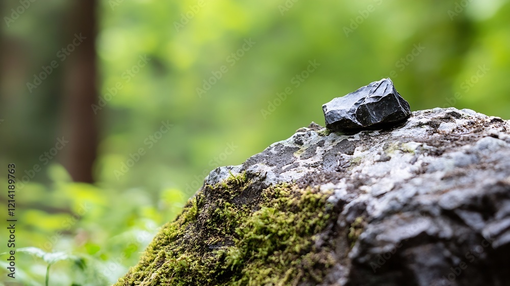 Poster tranquil forest setting with mossy rocks and black stone under lush green canopy : generative ai