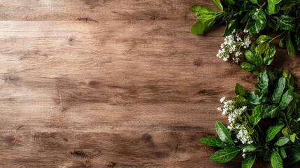 Wooden table, green leaves, white flowers, copy space, spring background