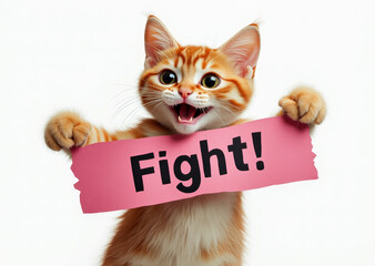 Motivational message. Cat showing banner with text " Fight ".  Concepts of empowerment, combativeness, winning spirit, fighter mindset.