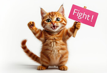 Motivational message. Cat showing banner with text " Fight ".  Concepts of empowerment, combativeness, winning spirit, fighter mindset.