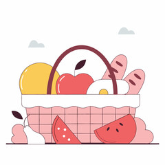 Fototapeta premium Picnic basket with fresh fruit and drinks for leisure and food blogs