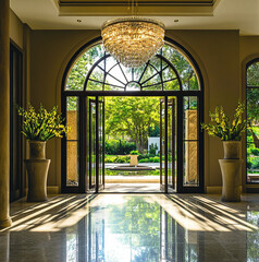 Naklejka premium Grand Entrance home, looking into the entrance from outside of open Front Door, photography, interior design style, chandelier feature light, dramatic lighting, luxury