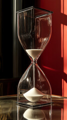 Modern hourglass measuring time on reflective surface with red background
