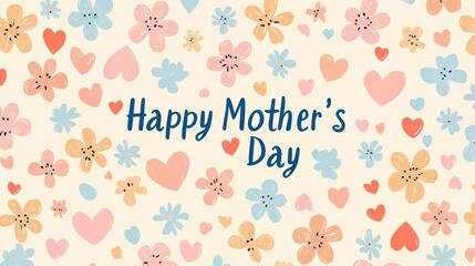 A repeating pattern of flowers, hearts, and "Happy Mother's Day" text in soft pastel colors.