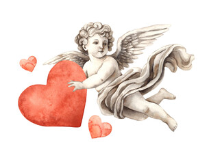Cherub angel cupid of love with big red heart in hands and small ones around. Watercolor illustration in vintage style, suitable for wedding, Valentine's Day, anniversary, cards, posters and banners