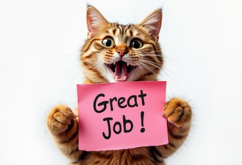Compliment, congratulations and praise message. Cat showing banner with text " Great Job ".  Expression of gratefulness, motivation, appreciation.