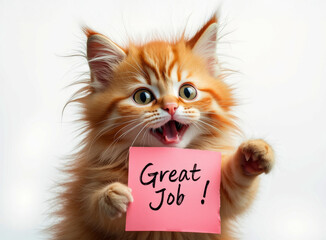 Compliment, congratulations and praise message. Cat showing banner with text " Great Job ".  Expression of gratefulness, motivation, appreciation.