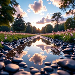 Obraz premium Tranquil Puddle Reflection Sky Nature Vaporwave 8K Peaceful Parkscape Photorealistic Background