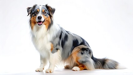 A fluffy Australian Shepherd puppy, purebred, poses in a captivating studio portrait against a pristine white backdrop.