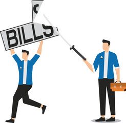 Tax cuts, reduction of loans, debt, budgets and costs, deflation or inflation, economic or monetary policy, businessmen with swords cutting the bills held by their colleagues