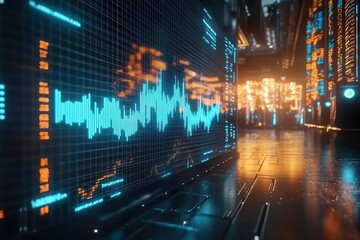dynamic 3d visualization of stock market data with glowing blue trading lines floating in dark space, futuristic holographic display