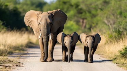 African Elephant Family Strolling Together on a Dirt Path in the Wild Safari : Generative AI