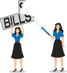 Tax cuts, reduction of loans, debt, budgets and costs, deflation or inflation, economic or monetary policy, businesswomen with swords cutting the bills held by their colleagues