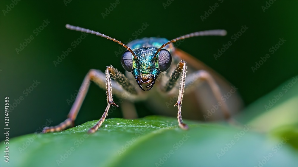 Poster closeup of a colorful metallic green insect on leaf with detailed features : generative ai