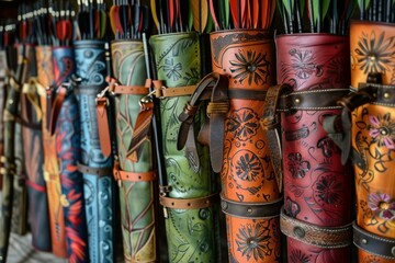 Row of colorful leather quivers embossed with beautiful designs holding arrows for the sport of archery