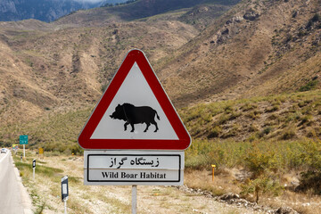 A warning sign indicates the presence of wild boars along the Gorgan Bojnord road in Golestan National Park, highlighting local wildlife